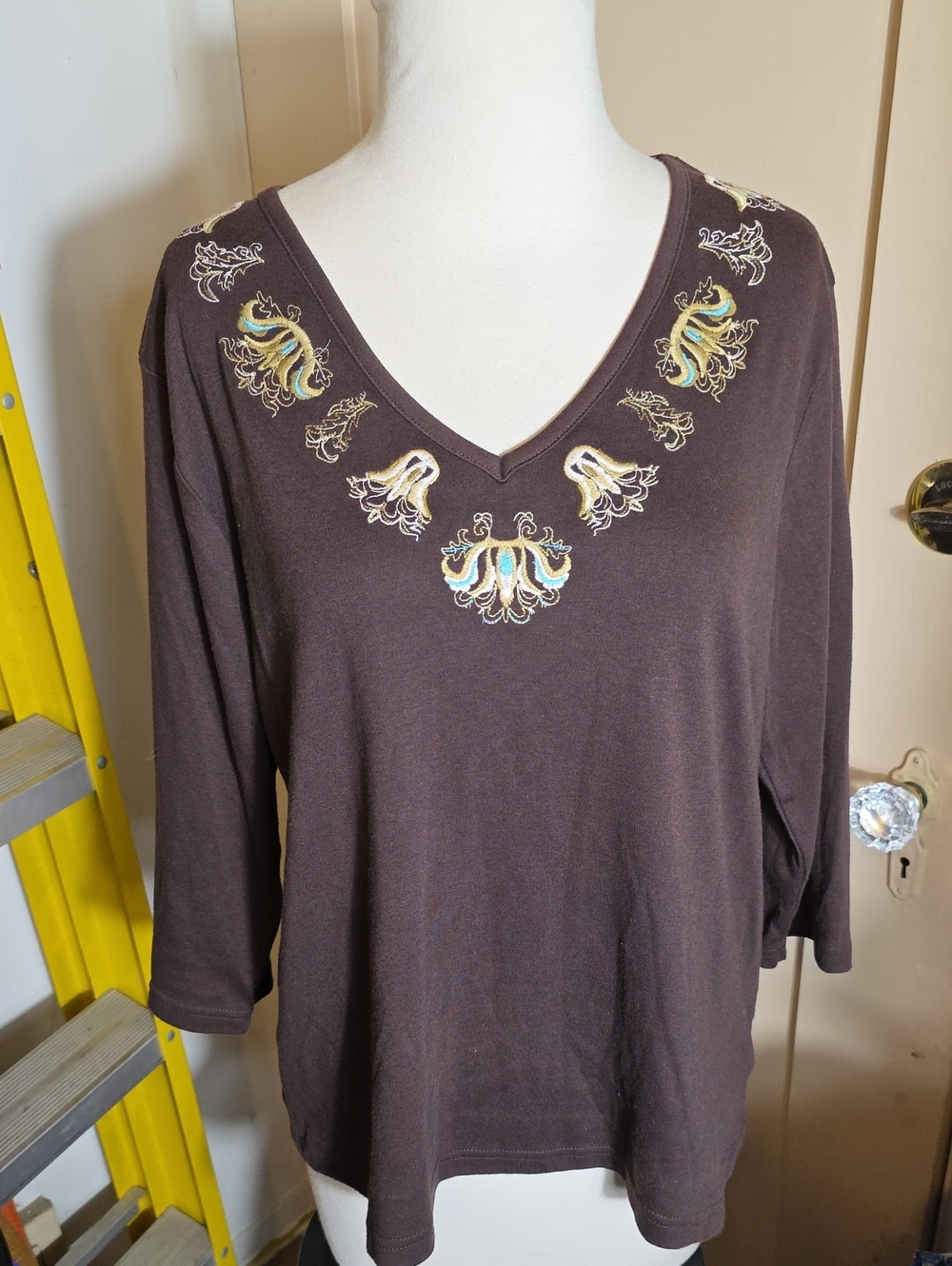 Classic Elements Brown V-Neck Embroidered Long Sleeve Top